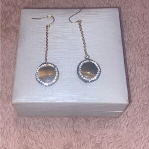 Gold Drop Earrings with Brown Gem and Crystal Halo